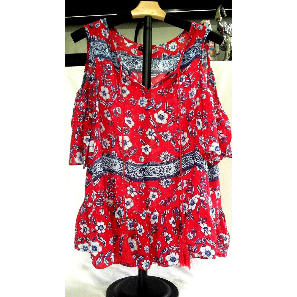 New Directions BOHO Flowy Womens Floral Cold Shoulder Top Women Size L